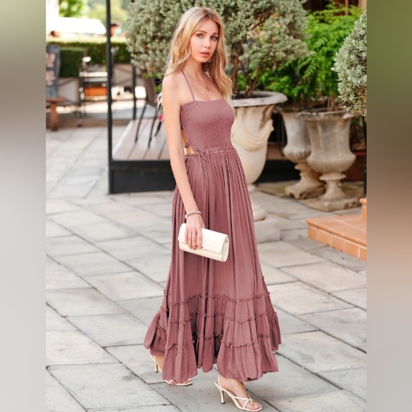 Mauve Pink Boho Maxi Halter Tie Dress Tiered Long Flowy Gauze Bohemian Vacation - Picture 5 of 13
